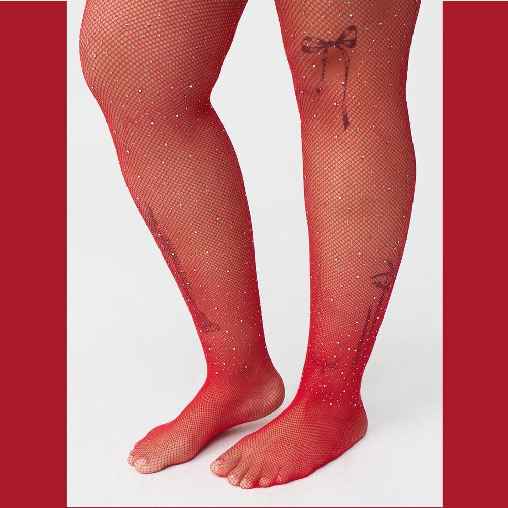 Torrid - Rhinestone Fishnet Tight in Red​ - Picture 2 of 8